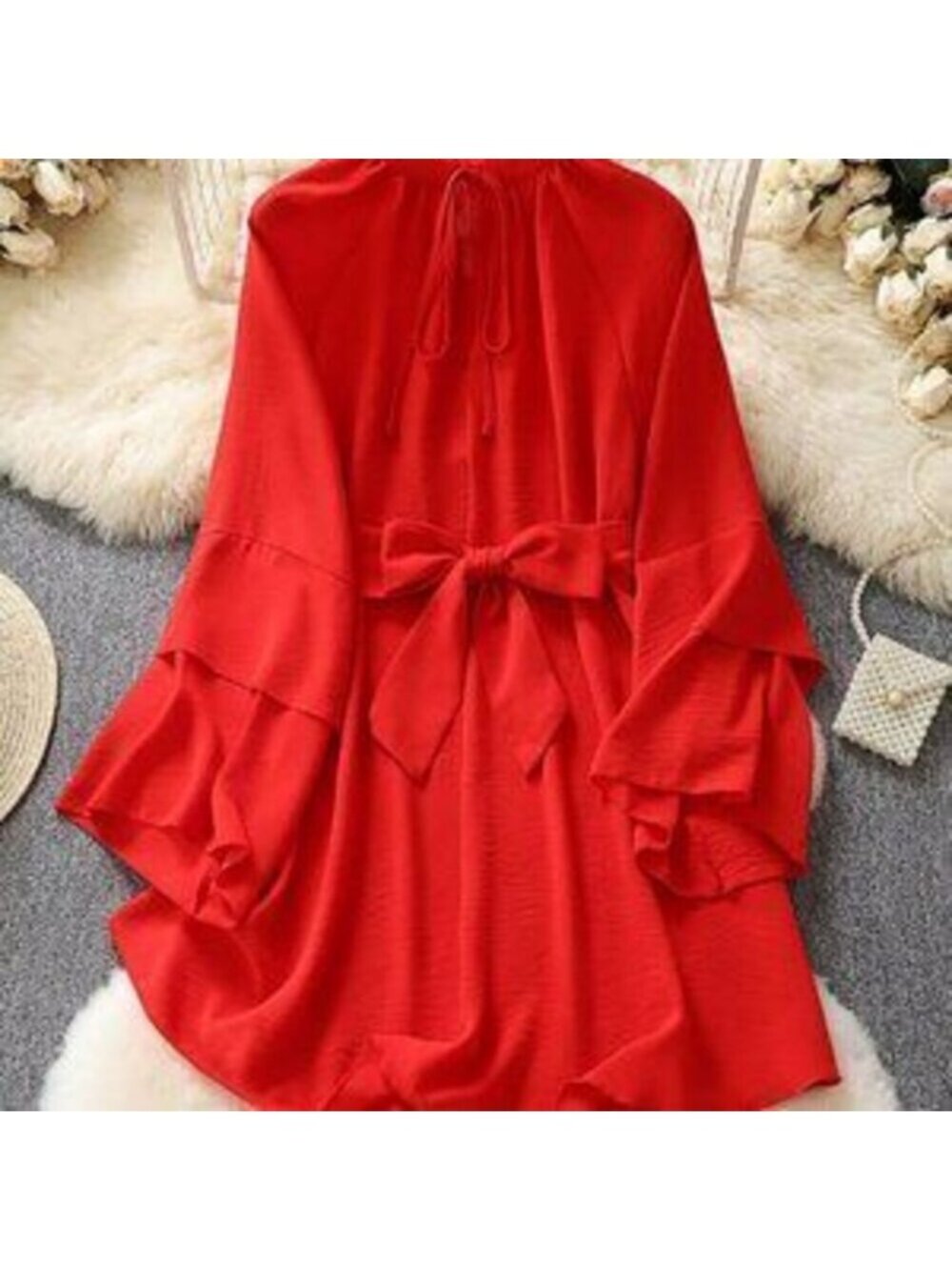 Red Glam Women's V-Neck Asymmetrical Tie-Up Long Sleeve Loose Mini Dress - Picture 3 of 4